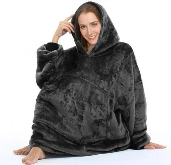 Плед толстовка двухсторонняя халат с капюшоном и рукавами флисовый Huggle Hoodie Blanket 3-в-1 Унисекс Черный One Size (D-2019091998) - изображение 2