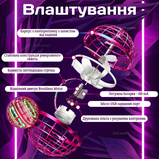 Шар летающий FlyNova pro розовый бумеранг светящийся летательная игрушка шар спиннер spinner для ребенка - изображение 9