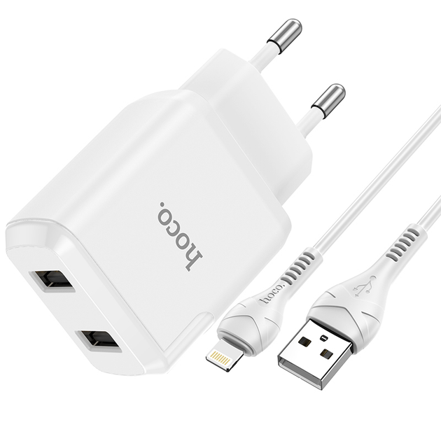 Сетевое зарядное устройство для телефона + кабель Lightning Apple HOCO N7 |2USB 2.1A| Белый - Фото 2 Сетевое зарядное устройство для телефона + кабель Lightning Apple HOCO N7 |2USB 2.1A| Белый - изображение 2