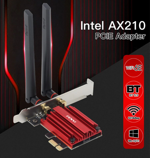 Cетевая карта адаптер для ПК WiFi 6E AX210 PCIE + Bluetooth 5.3 (PCE-AXE3000) - Фото 2 Cетевая карта адаптер для ПК WiFi 6E AX210 PCIE + Bluetooth 5.3 (PCE-AXE3000) - изображение 2