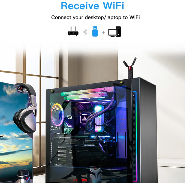 Адаптер приймач WiFi 6E AX3000 Wi-Fi для ПК ноутбука USB 3.0 2.4G/5G/6Ghz - Фото 4 Адаптер приймач WiFi 6E AX3000 Wi-Fi для ПК ноутбука USB 3.0 2.4G/5G/6Ghz - зображення 4