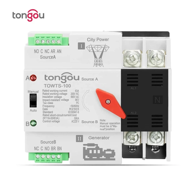Автоматичний перемикач введення резерву АВР Tongou TOWTS-100 2P 100А однофазний - Фото 1 Автоматичний перемикач введення резерву АВР Tongou TOWTS-100 2P 100А однофазний - зображення 1