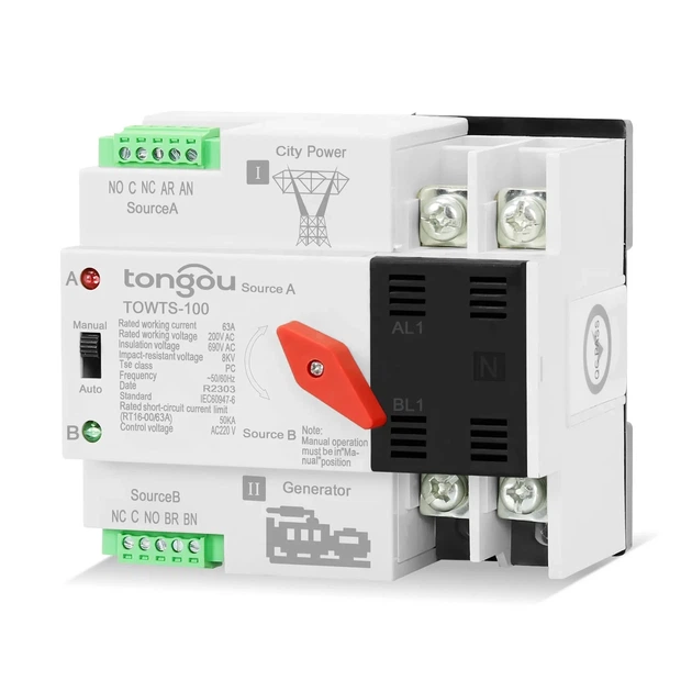 Автоматичний перемикач введення резерву АВР Tongou TOWTS-100 2P 100А однофазний - Фото 3 Автоматичний перемикач введення резерву АВР Tongou TOWTS-100 2P 100А однофазний - зображення 3