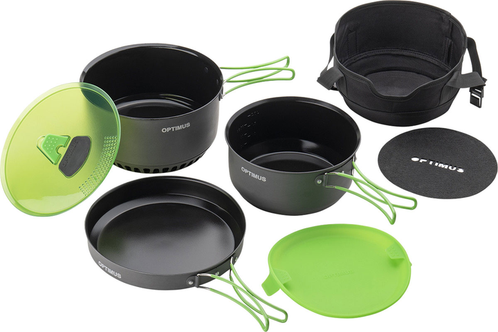 Набір посуду Optimus Terra Camp 4 Pot Set 6 предметів Чорно-салатовий (8020677) - зображення 1