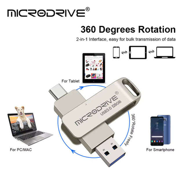 Флешка 2в1 MicroDrive 128 GB Type-C USB 3.0 для телефона и компьютера Silver Top - изображение 3