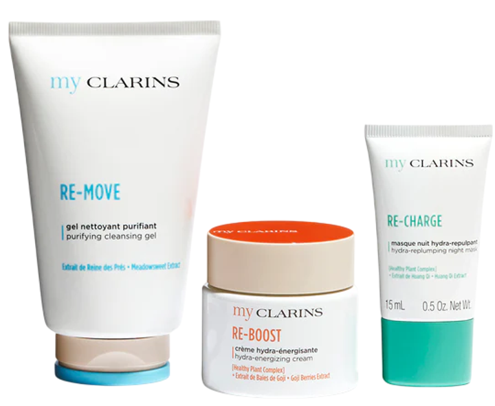 Zestaw My Clarins Żel oczyszczający Re-move 125 ml + Krem nawilżający Re-boost 50 ml + Maska do spania Re-charge 15 ml (3666057239045) - obraz 2