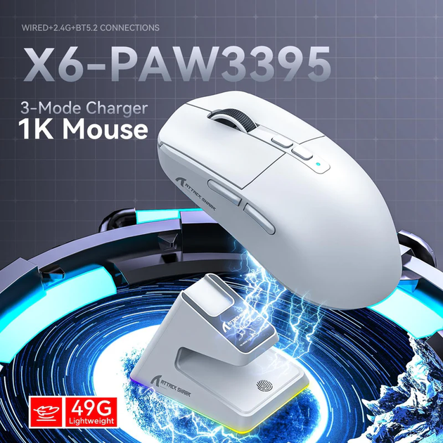 Бездротова акумуляторна миша, Attack Shark X6, PixArt PAW3395, 26000DPI White, WIRED+2.4G+BT5.2 - изображение 2