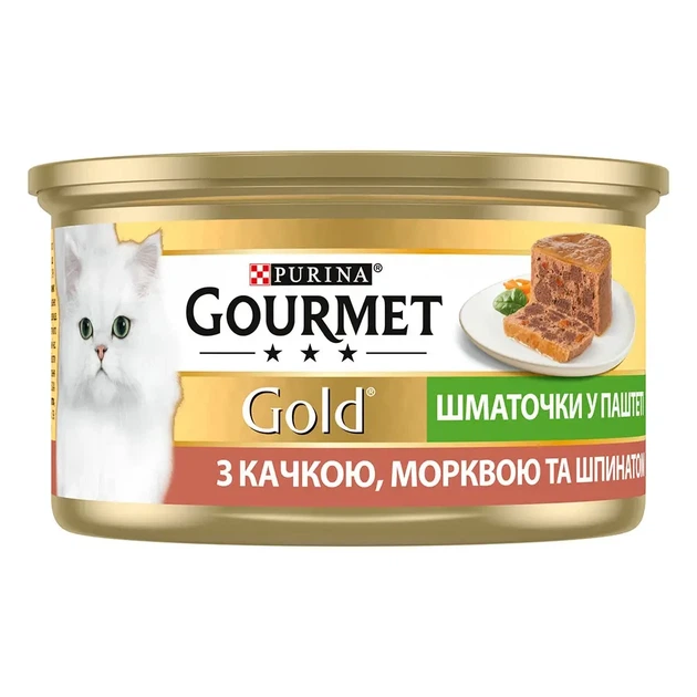 Вологий корм GOURMET Gold для дорослих котів шматочки у паштеті з качкою, морквою та шпинатом 85 г - изображение 2