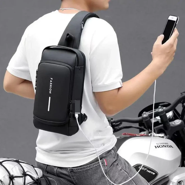 Сумка чоловіча XIO Fashion із USB зарядкою та кодовим замком 32х6х16 см Чорна - зображення 6
