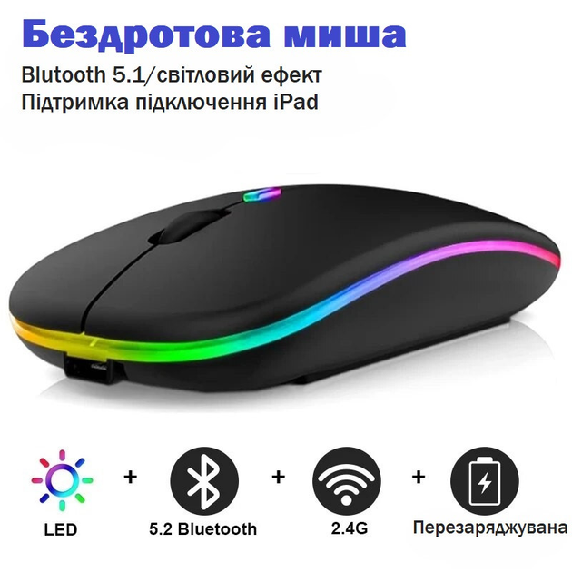 Мишка із заряджанням micro USB Миша комп'ютерна ігрова Бездротова безшумна миша Чорна матова - изображение 2