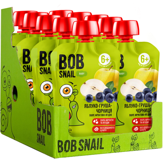 Упаковка пюре фруктового Bob Snail Яблоко-Груша-Черника для детей от 6 месяцев 90 г х 10 шт (4820219349556) 