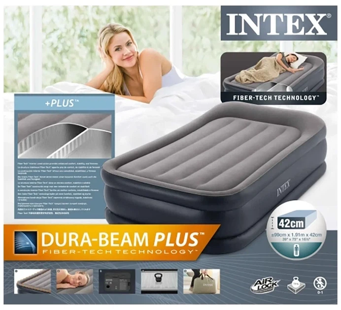 Флоковане надувне односпальне ліжко Intex 64132 з вбудованим електронасосом 191х99х42 см Сірий - зображення 6
