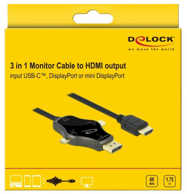 Кабель Delock 85974 Multiport 3-in-1: USB-C, DP, miniDP to HDMI Adapter 1.75 м (4043619859740) - зображення 3