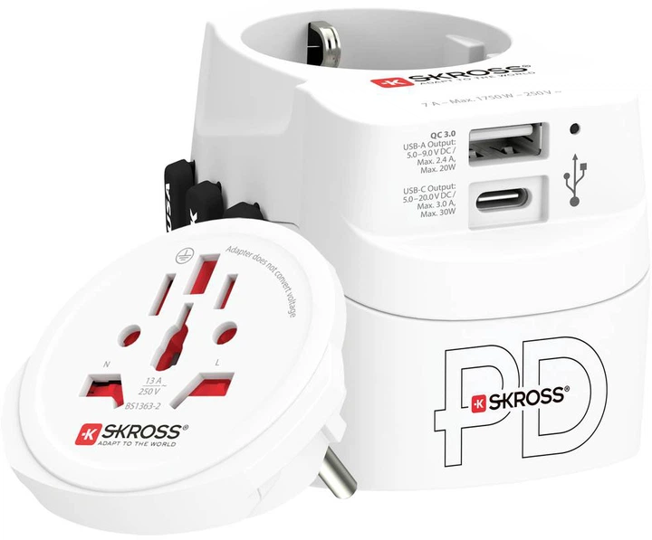 Skross PRO Light USB AC30PD, világutazó hálózati csatlakozó átalakító, földelt PD(gyorstöltés