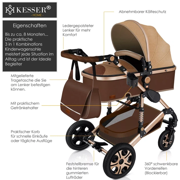 Детская коляска 3в1 с автокреслом KESSER 94 x 64 x 119 см коричневый с золотистым - изображение 3
