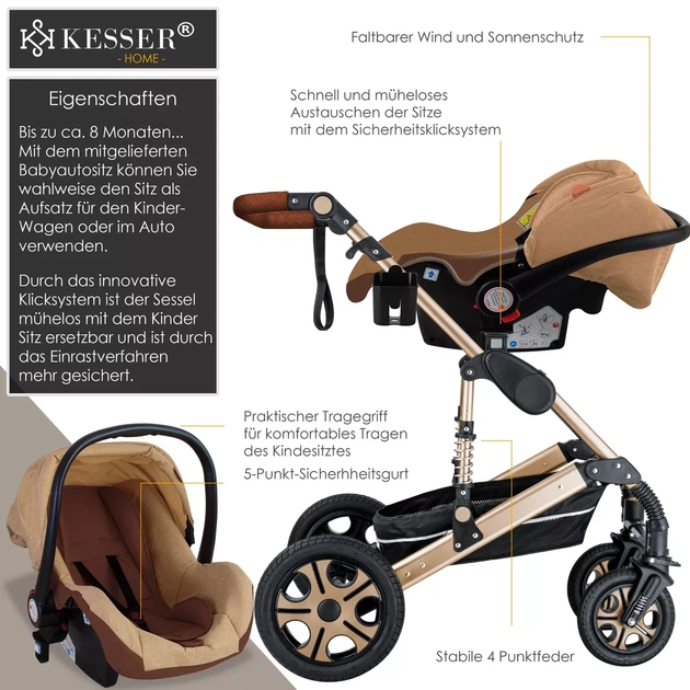 Детская коляска 3в1 с автокреслом KESSER 94 x 64 x 119 см коричневый с золотистым - изображение 4