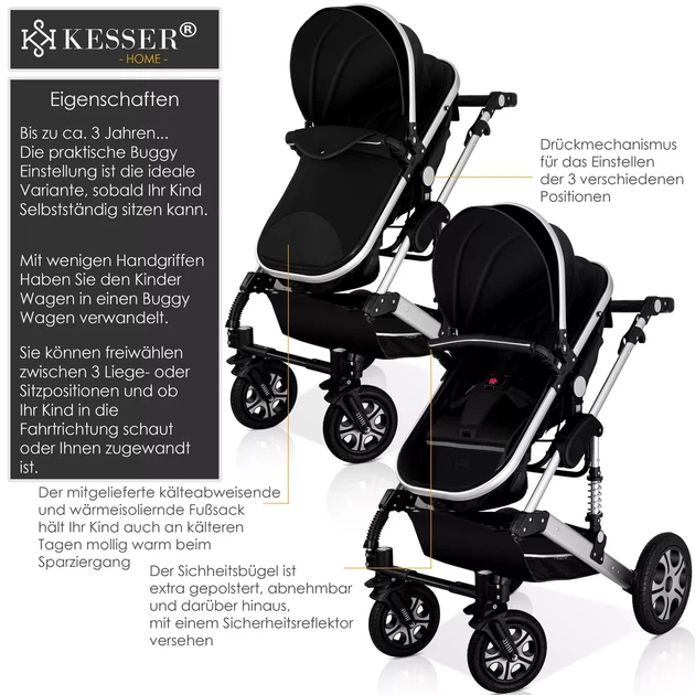 Детская коляска с автокреслом 3в1 KESSER 94 x 64 x 119 см черный с серебряным Германия - изображение 4