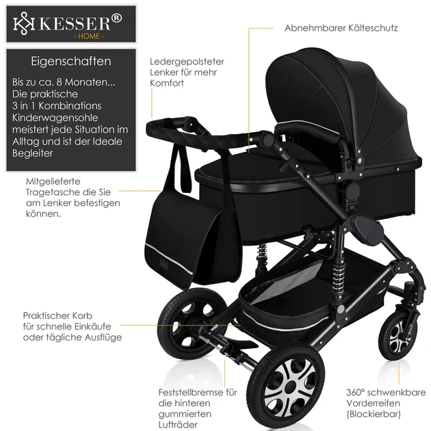 Детская коляска 3в1 KESSER с автокреслом 94 x 64 x 119 см черный - изображение 2