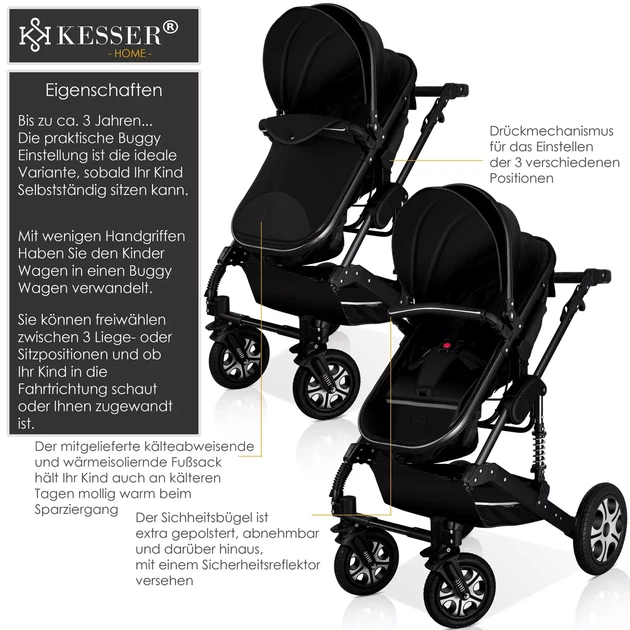 Детская коляска 3в1 KESSER с автокреслом 94 x 64 x 119 см черный - изображение 4