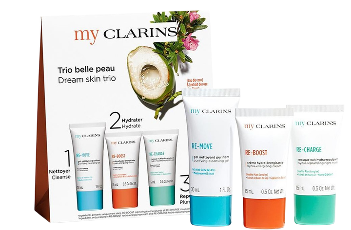 Набір My Clarins Очищувальний гель Re-move 30 мл + Зволожуючий крем Re-boost 15 мл + Маска для сну Re-charge 15 мл (3666057239960) - зображення 1