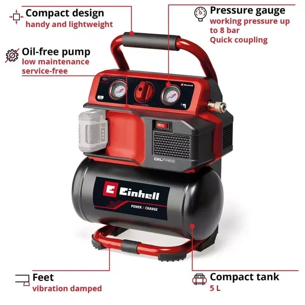 Компресор повітряний Einhell TE-AC 18/75 Li OF - Solo, акумуляторний 18В PXC, 8бар, 75л/хв, бак 5л, 7.76кг (без АКБ та ЗП) - Фото 6 Компресор повітряний Einhell TE-AC 18/75 Li OF - Solo, акумуляторний 18В PXC, 8бар, 75л/хв, бак 5л, 7.76кг (без АКБ та ЗП) - зображення 6