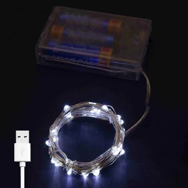 Гирлянда нить "Роса" на батарейках + USB, 3м, 30 LED, статический режим, IP44, Холодный белый - Фото 1 Гирлянда нить "Роса" на батарейках + USB, 3м, 30 LED, статический режим, IP44, Холодный белый - изображение 1