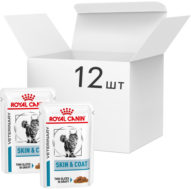 Упаковка влажного корма для взрослых кошек Royal Canin Veterinary Skin & Coat Cat Pouches (ломтики в соусе) 12 шт х 0.085 кг (9003579011539) (4092001) - изображение 2