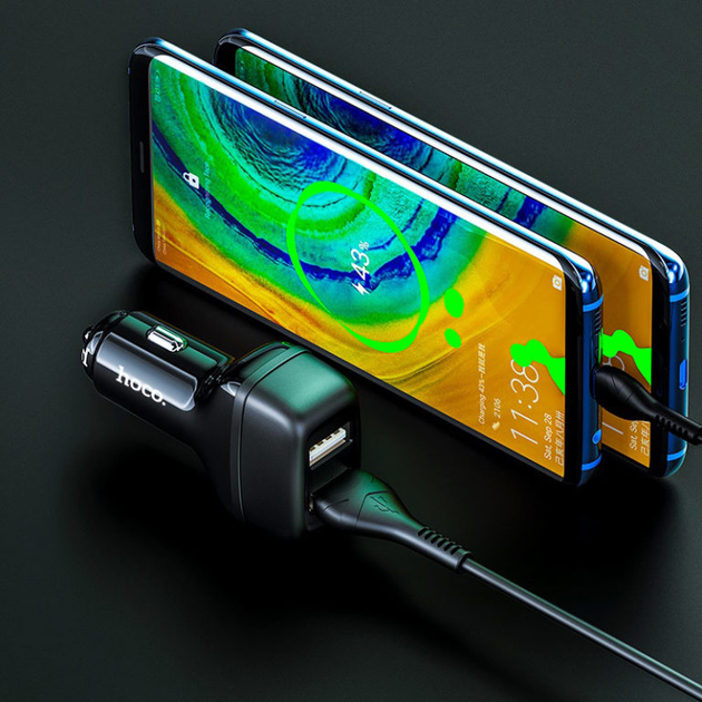 Автомобильное зарядное устройство в прикуриватель (автозарядка) + кабель Micro USB Hoco Z36 |2USB 2.4A| Черный - изображение 5
