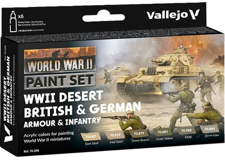 Zestaw farb akrylowych Vallejo 70.208 Model Color WWII Desert British & German Armour & Infantry 6 szt x 18 ml (8429551702089) - obraz 1