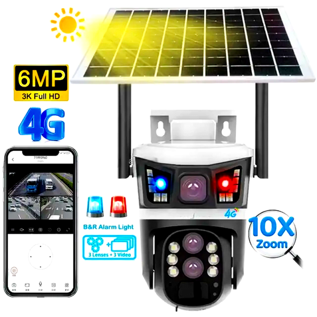 Вулична IP WI-FI камера відеоспостереження 4G Sim 2Mpx+2Mpx+2Mpx IP66 3 незалежні об"ективи з сонячною панеллю із віддаленим доступом R10 (v380) - изображение 2