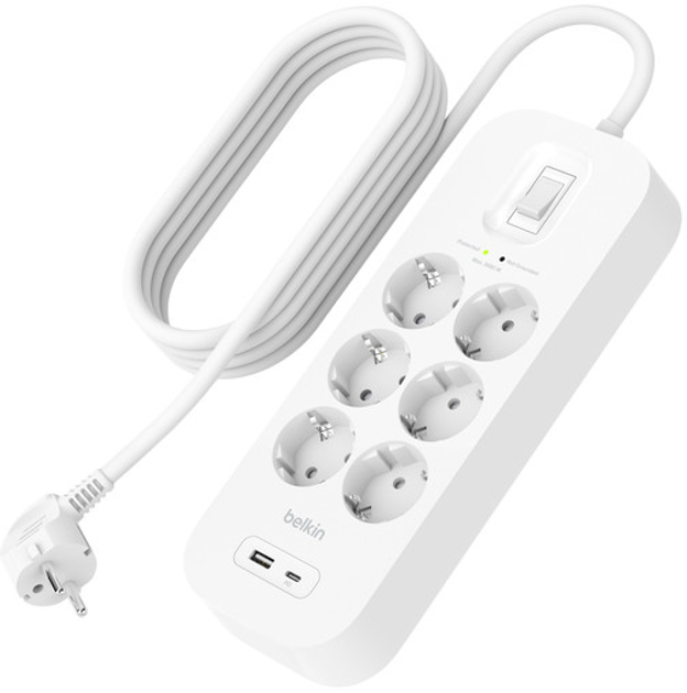 Listwa przeciwprzepięciowa Belkin Connect 6x Schuko, 1x USB-C, 1x USB-A 2m White (SRB002VF2M) - obraz 3