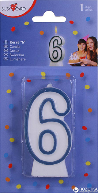 Свечка-цифра для торта Susy Card 8.5 см Цифра 6 Белая с синей ...