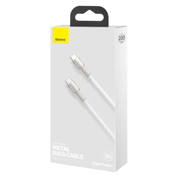 Кабель Baseus Cafule Metal Type-C to Type-C 100W 2m white - Фото 7 Кабель Baseus Cafule Metal Type-C to Type-C 100W 2m white - зображення 7