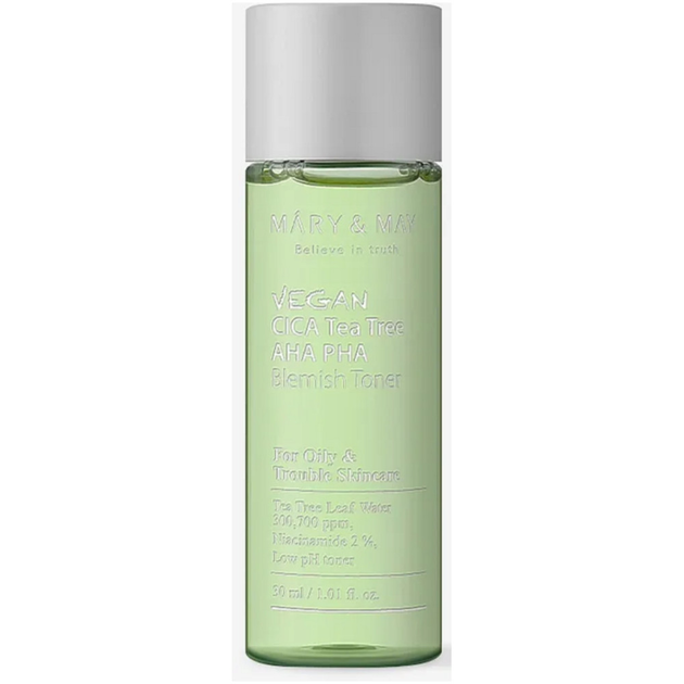 Осветляющий тонер на основе центеллы и кислот Mary&May Vegan Cica Tea Tree Aha Pha Blemish Toner 30 мл (8809670682149) 