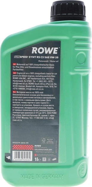 Масло моторное синтетическое ROWE SunSpeed Synt RS C5 0W-20 1 л (ACEA A1/B1/C5/C6) (Longlife-17 FE+/MB 229.71/229.72/M2C962-A1) (4920379-0010-99) - изображение 2