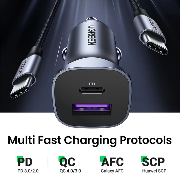 Автомобільний зарядний пристрій UGREEN EC305 30W USB+Type-C QC4.0 Grey (25845) - Фото 5 Автомобільний зарядний пристрій UGREEN EC305 30W USB+Type-C QC4.0 Grey (25845) - зображення 5