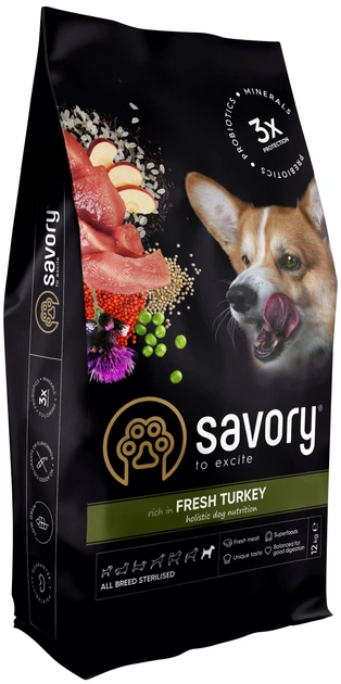 Сухой корм для стерилизованных собак Savory All Breed Sterilised rich in FreshTurkey со свежим мясом индейки 12 кг (4820232631515) - Фото 1 Сухой корм для стерилизованных собак Savory All Breed Sterilised rich in FreshTurkey со свежим мясом индейки 12 кг (4820232631515) - изображение 1