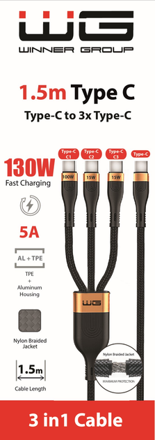 Kabel Winner Group USB Type-C - 3 x USB Type-C 15 W + 100 W + 15 W 1.5 m Black (8591194120855) - obraz 2