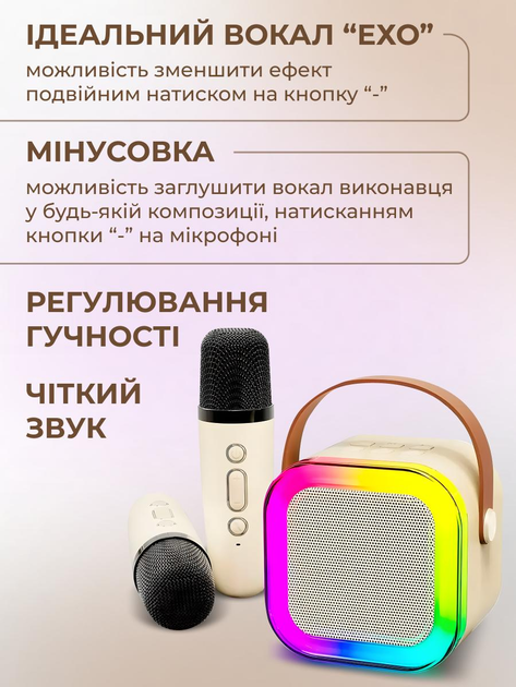 Колонка бездротова караоке 2 мікрофони акумуляторна портативна універсальна блютуз радіо з підсвіткою рожева - зображення 2
