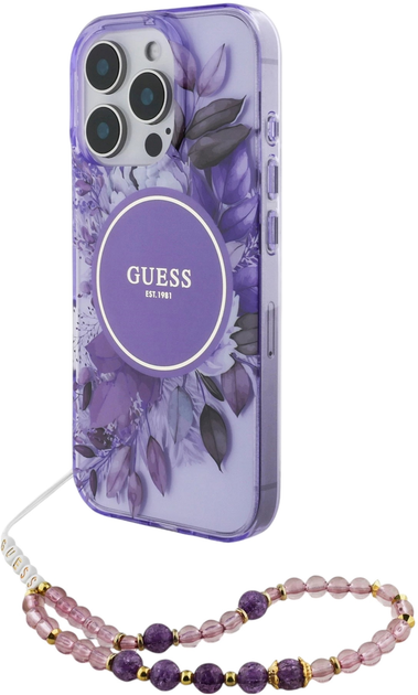 Etui Guess Hardcase IML Flowers With Pearl Strap MagSafe do Apple iPhone 16 Pro Max Purple (GUHMP16XHFWBRCESU) - obraz 2