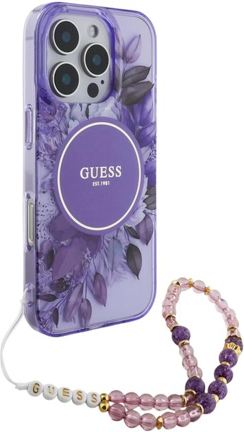 Панель Guess Hardcase IML Flowers With Pearl Strap MagSafe для Apple iPhone 16 Pro Max Purple (GUHMP16XHFWBRCESU) - зображення 3