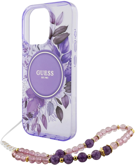 Панель Guess Hardcase IML Flowers With Pearl Strap MagSafe для Apple iPhone 16 Pro Max Purple (GUHMP16XHFWBRCESU) - зображення 5