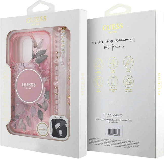 Etui Guess Hardcase IML Flowers With Pearl Strap MagSafe do Apple iPhone 16 Pro Max Pink (GUHMP16XHFWBRCESP) - obraz 7