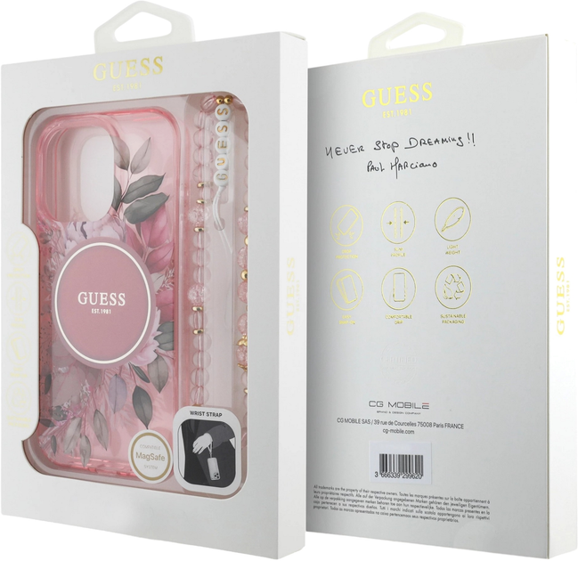 Etui Guess Hardcase IML Flowers With Pearl Strap MagSafe do Apple iPhone 16 Pro Max Pink (GUHMP16XHFWBRCESP) - obraz 7