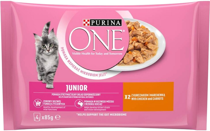 Karma mokra dla kociąt Purina One Junior z kurczakiem i marchewką 4 szt x 85 g (7613287795892) - obraz 1