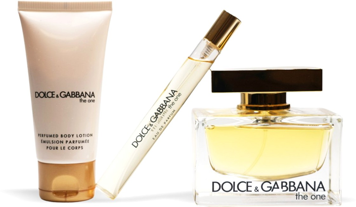 Zestaw damski Dolce & Gabbana The One Woda perfumowana 75 ml + Lotion do ciała 50 ml + Miniaturka Woda perfumowana 10 ml (8057971185399) - obraz 2