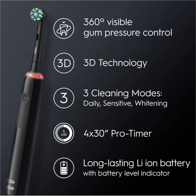 Електрична зубна щітка Oral-B Pro3 Black + Extra CA Black Brush Head + TC (8006540759912) (955555908400268) - Уцінка - зображення 4