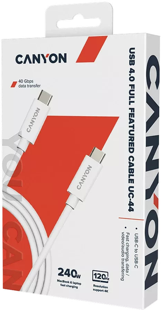 Kabel Canyon UC-44 USB-C - USB-C 240W/40Gbps/4k 1m White (CNS-USBC44W) - obraz 2