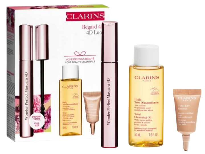 Zestaw kosmetyków Clarins Essentials 4D Look Olejek oczyszczający 50 ml + Krem pod oczy 3 ml + Tusz do rzęs 8 ml (3666057240614) - obraz 1