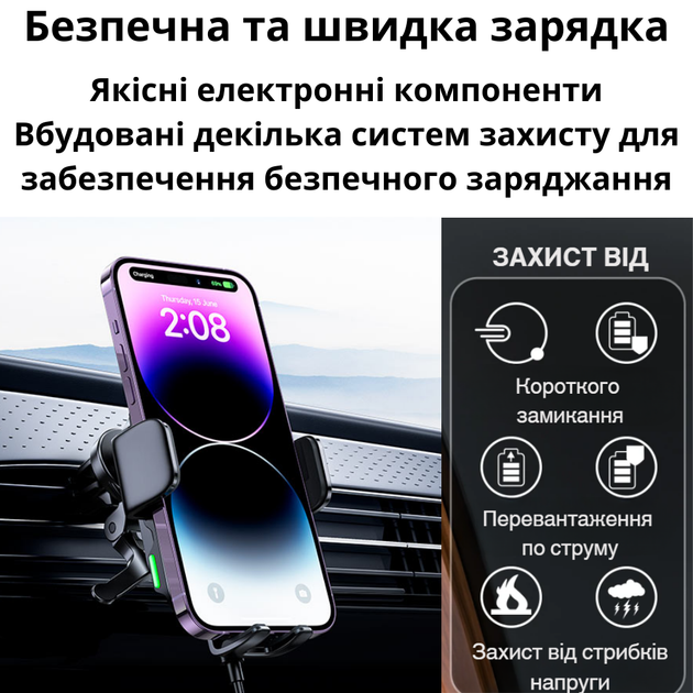 Автомобильный держатель с беспроводной зарядкой для телефона в машину автодержатель iPhone в авто на воздуховод дефлектор Hoco 15W Qi - изображение 4